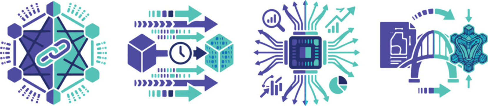 Data science and digital network icons representing blockchain chip architecture and structural integrity assessment.