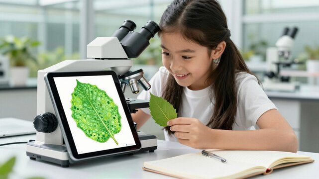 Young girl digital microscope botany