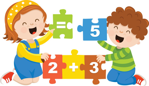 Cute Kids Solving Math Addition Problem With Puzzle Pieces