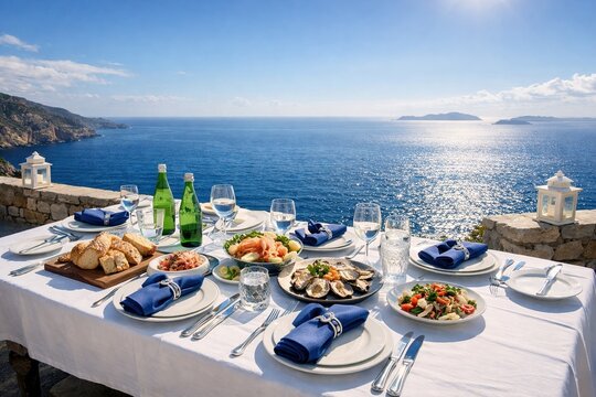 Dining table seaside setup vector background for luxury restaurant banner elegant blue