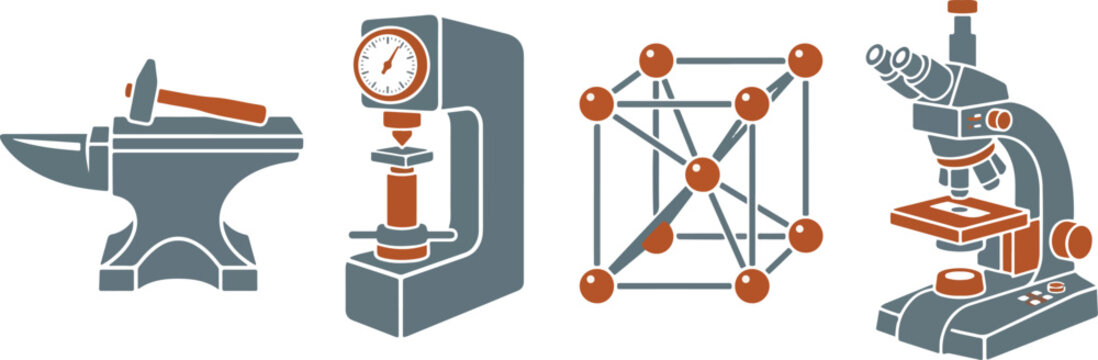 Material science and laboratory testing icon set with blacksmith anvil hardness tester molecular structure microscope.