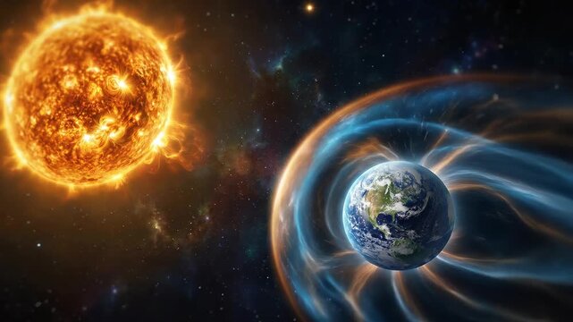 Planet earth experiences intense solar magnetic storm, geomagnetic disturbance deflects powerful cosmic radiation, magnetosphere protects atmosphere from dangerous plasma particle wind.