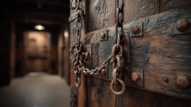 tightly. A heavy weathered wooden door tightly shut with chains and bolts. real-estate listings, architecture portfolios, designed for real-estate listing and luxury residence showcases.