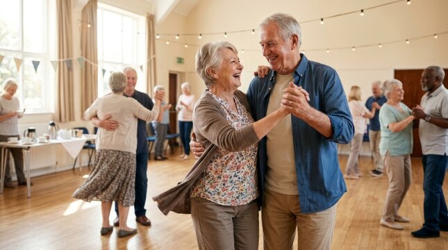 Senior woman and man dancing together in community center. Happy elderly couple enjoying social dance event. Active aging, retirement lifestyle and friendship concept. Group activity.