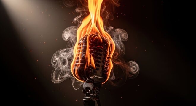 Vintage Microphone Ablaze with Fiery Flames and Wisps of Smoke 1.