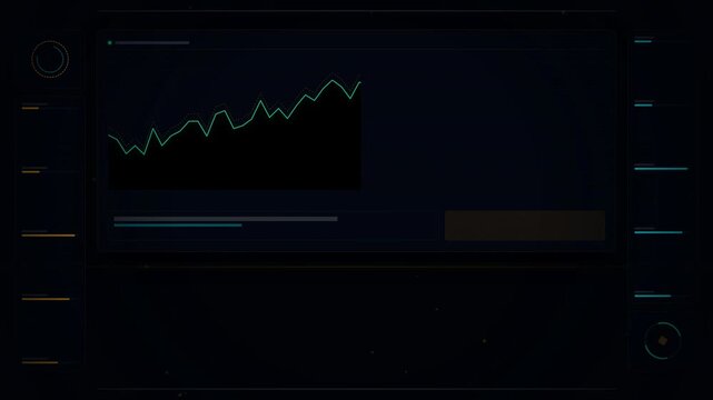 A digital screen displays a line graph with upward trends, numerical data, and colorful bars, indicating analytics or performance metrics