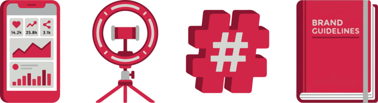 Social media marketing icons including smartphone with analytics, ring light, hashtag and brand guidelines book.