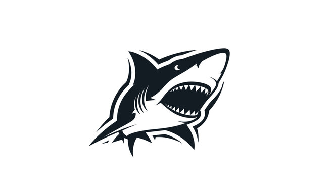 Stylized black and white illustration of an aggressive shark head with its mouth open and sharp teeth, depicted in a dynamic, powerful pose.