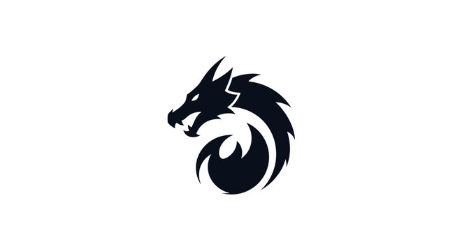 A stylized black dragon head with a fiery, swirling body forming a circular logo against a white background.