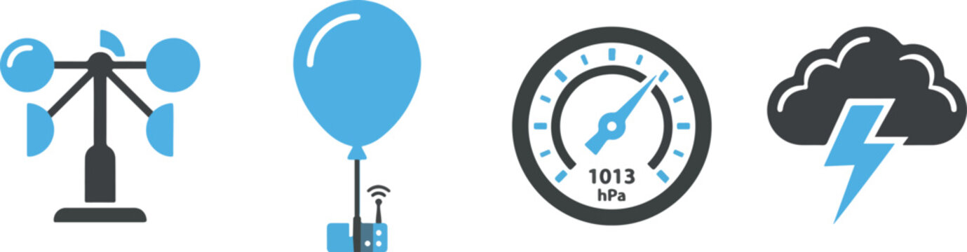 Weather monitoring icons with anemometer, weather balloon, barometer, and lightning storm.