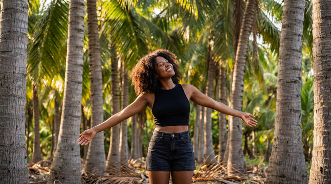 Happy African American Woman Enjoying Nature in Tropical Coconut Palm Grove