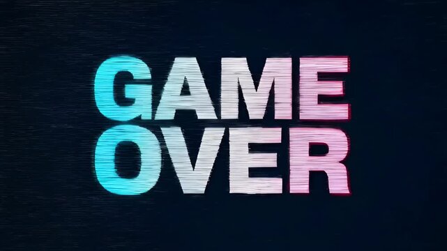 Glitch game over distortion progress text on dark screen with neon retro style, bold white letters, dramatic contrast, and retro digital effect for SEO search visibility
