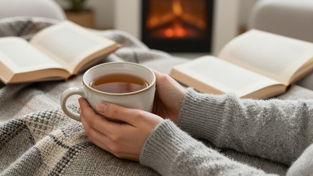 Cozy autumn tea drinking break