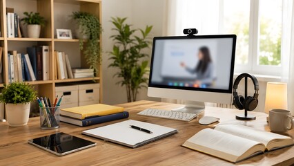 Fototapeta premium Modern home office desk with desktop computer webcam headphones books and online learning video conference screen