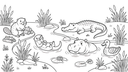 Coloring book page with cute swamp animals, cartoon pond scene with crocodile and hippo vector, black and white outline of river wildlife for kids © chouadhrynuman