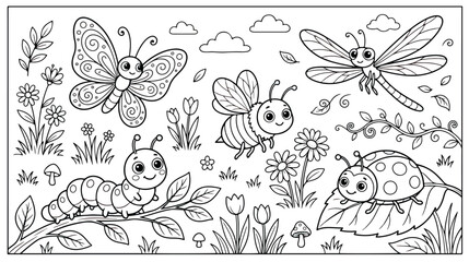 Cute garden insects coloring page for kids, black and white outline vector of butterfly, bee, ladybug and dragonfly, cartoon bug characters in meadow © chouadhrynuman