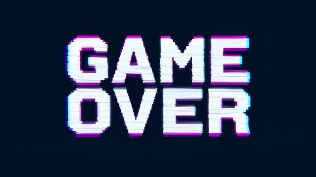Glitch Game Over Distortion Progress Text on Dark Background with Neon Light Glow, Retro Arcade Style and Digital Error Concept for Searchable SEO Title