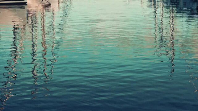 Calm water surface in marina with boat reflections and gentle rippling waves during sunset hours.
