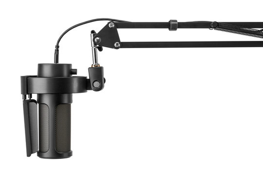 Black microphone with shock mount attached to a boom arm isolated. Transparent PNG image.
