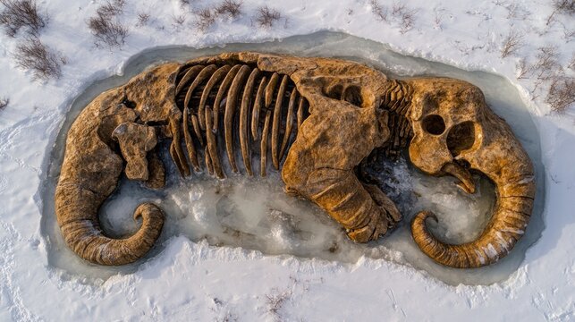 Mammoth skeleton in icy snow