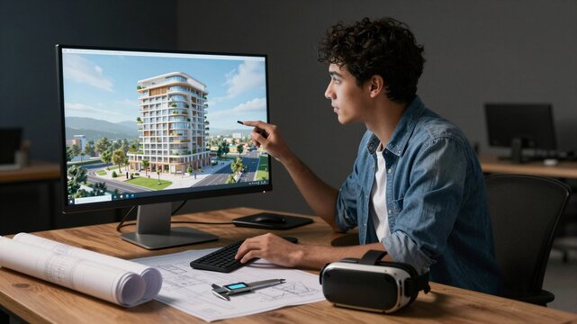 Young architect reviewing 3d model