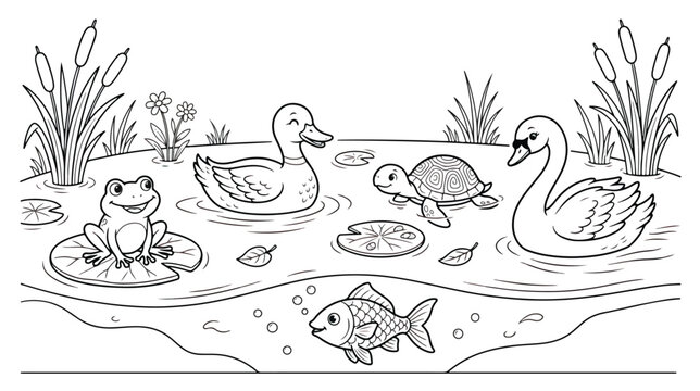 Coloring book page with pond animals, cute cartoon duck swan frog turtle and fish in water, black and white outline vector illustration for kids