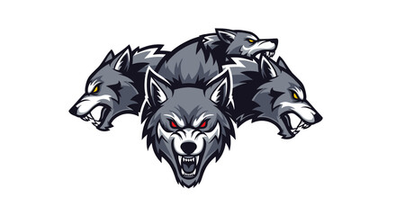 A fierce pack of five gray wolves with glowing red eyes and bared teeth, depicted in a stylized, aggressive illustration. © Hari