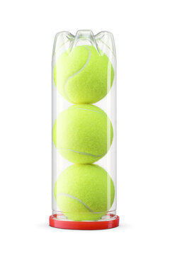 Yellow-green tennis balls standing vertically in a transparent plastic tube container with red cap isolated. Transparent PNG image.