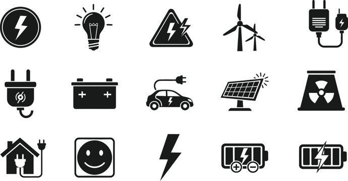 Collection of black icons related to energy and electricity on white background