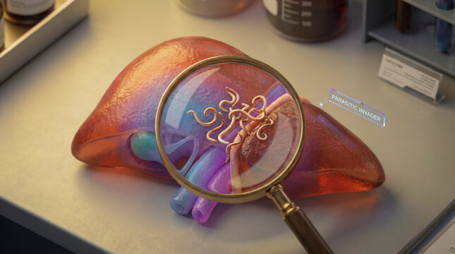 Liver parasites under magnification medical illustration for disease research