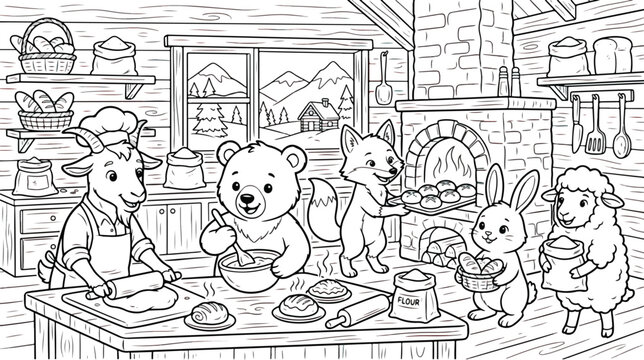 Coloring page of cute animals baking bread in a rustic kitchen, woodland animal bakers in a cozy cabin, black and white line art vector for kids