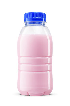 Pink yogurt drink in a plastic bottle with blue cap isolated. Transparent PNG image.