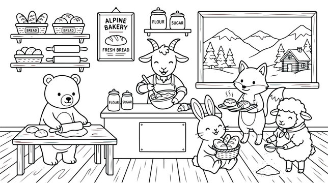 Alpine bakery coloring page with cute animals, woodland forest creatures baking bread in mountain kitchen, black and white vector outline illustration