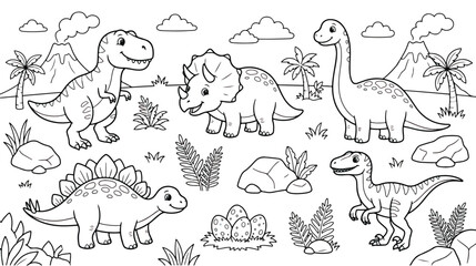 Dinosaur coloring page for kids, prehistoric landscape with cute cartoon dinosaurs, black and white outline vector illustration for children activity book © chouadhrynuman