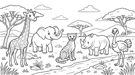 African safari animals coloring page vector, cute cartoon savanna wildlife scene with giraffe and elephant, black and white outline illustration © chouadhrynuman