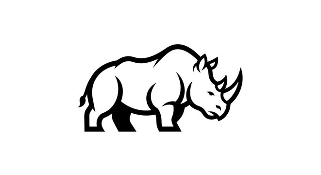 A minimalist black and white illustration of a rhinoceros with two horns.