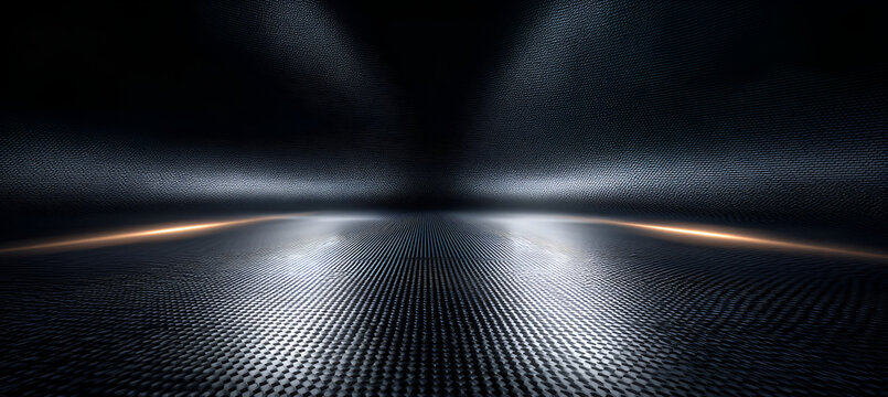 A dark, textured surface reflecting light. The background fades into darkness, with illuminated points above. A single horizontal light strip