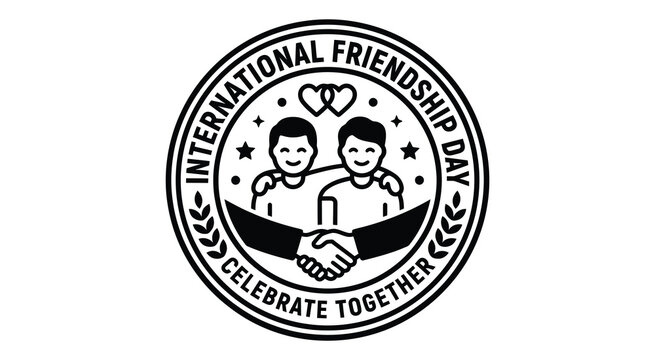 international friendship day badge with two people shaking hands black line art