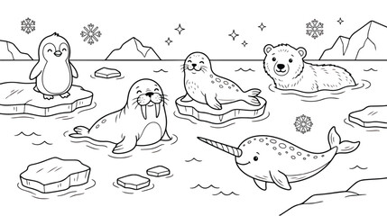 Arctic animals coloring page vector, cute polar bear and penguin on ice floe, narwhal and walrus in ocean landscape, winter wildlife line art © chouadhrynuman