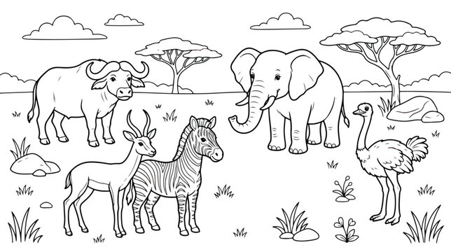 African safari animals coloring page vector, wild savanna landscape with elephant and zebra, cute zoo animal line art for kids activity