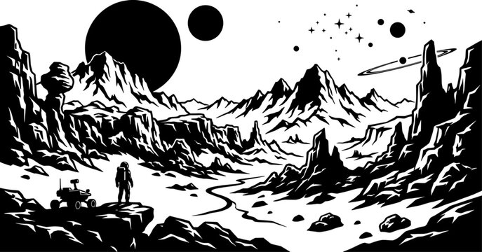 Astronaut standing on alien planet surface looking at mountains