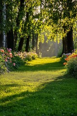 Obraz premium Beautiful Idyllic Spring Garden with Blossoming Flowers, Lush Lawn, and Serene Walking Paths