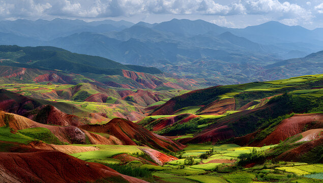 Rolling hills display vibrant red soil and varying shades of green vegetation, while distant mountains fade into a cloudy sky