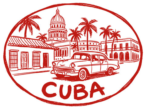 Cuba Travel Retro Emblem, Hand Drawn Vintage Havana Sketch Illustration with Classic Car and Capitolio