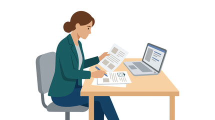 Fototapeta premium A professional woman in a blazer works at her desk, reviewing documents and using a laptop computer in a clean, minimalist vector style.