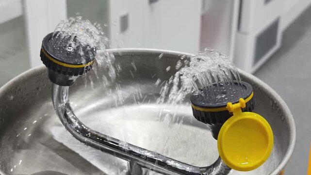 Water flows from two drinking fountains in a building during a demonstration for students in a classroom setting