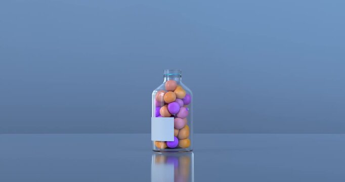3D render of a clear glass bottle filled with pastel orange, pink and purple pills with a blank label, standing on a reflective surface.