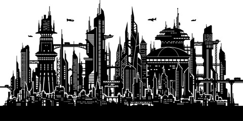 Fototapeta premium Distant view of a futuristic city silhouette with domed buildings and towers