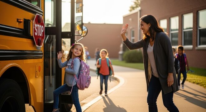 Young girl happily boards school bus with mother waving goodbye.