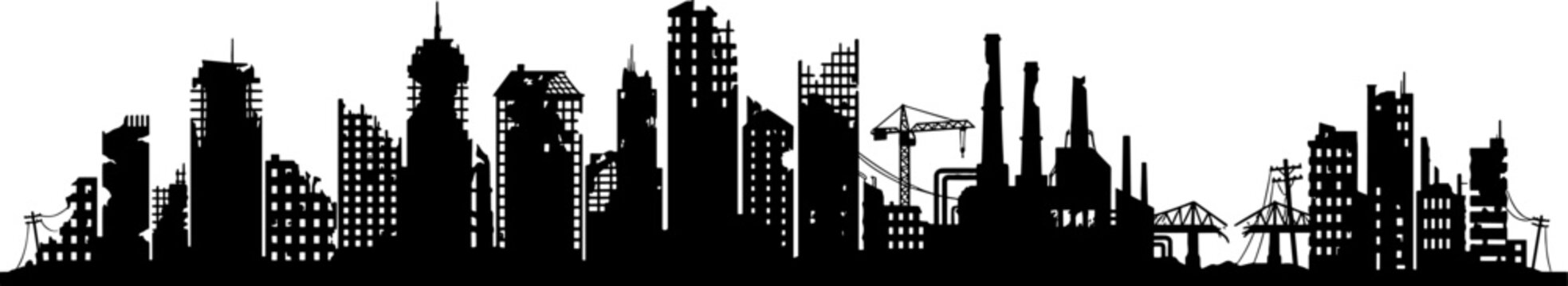 Dystopian ruined city skyline silhouette showing destroyed skyscrapers and debris